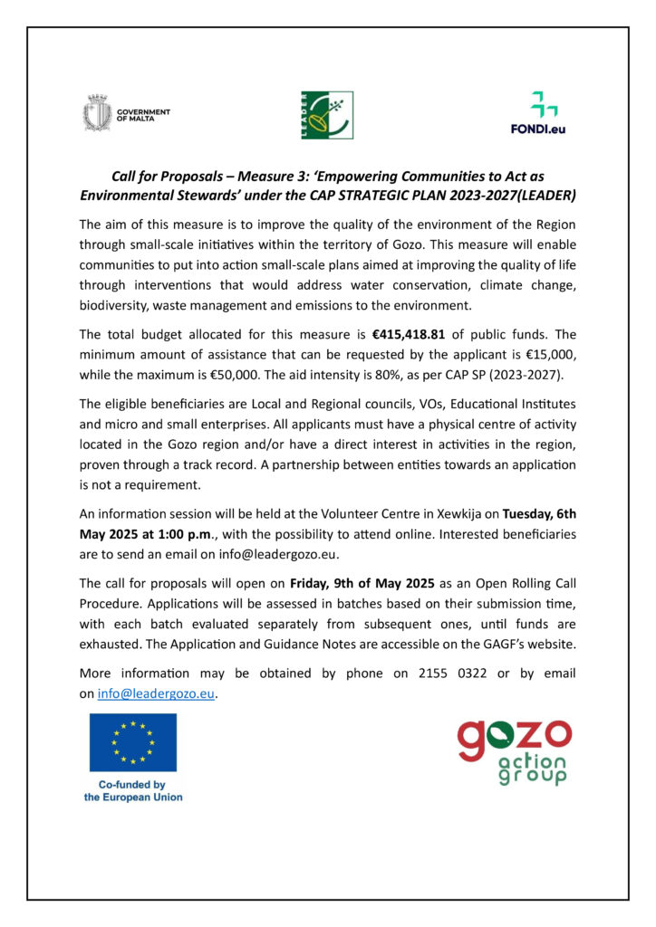 Call for Proposals – Measure 3: ‘Empowering Communities to Act as Environmental Stewards’ under the CAP STRATEGIC PLAN 2023-2027(LEADER)