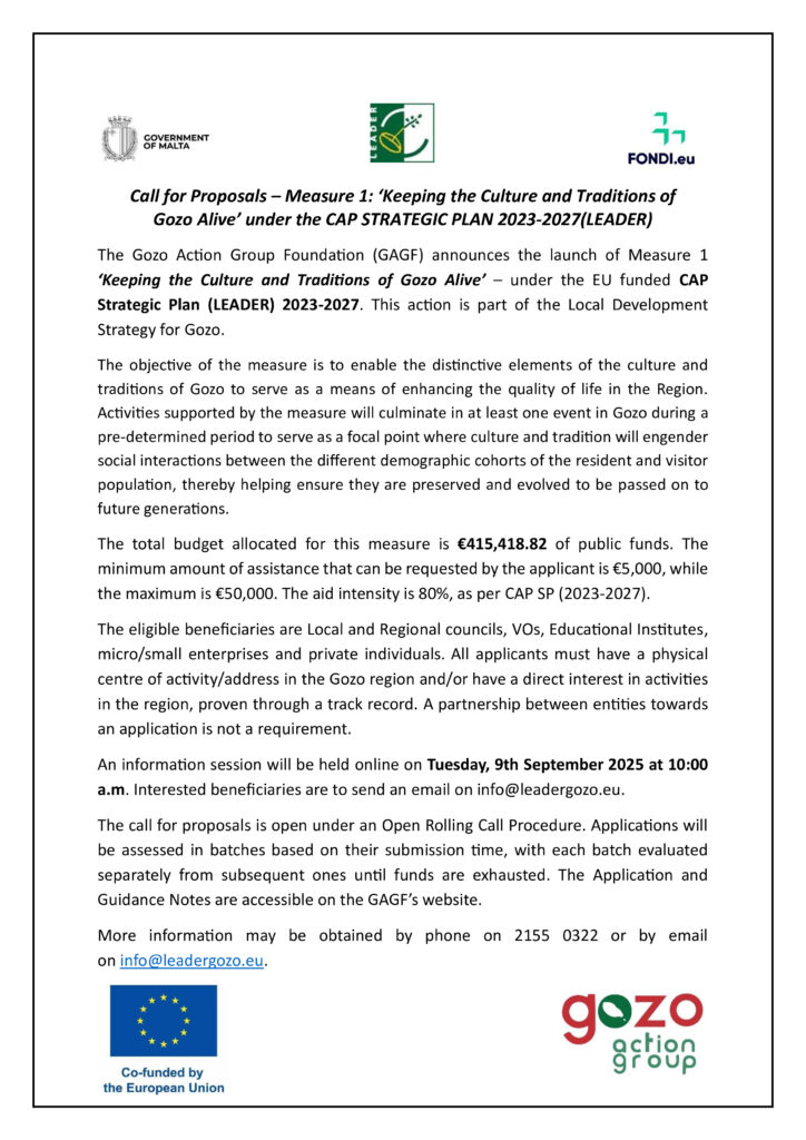 Call for Proposals – Measure 1: ‘Keeping the Culture and Traditions of Gozo Alive' under the CAP STRATEGIC PLAN 2023-2027(LEADER)
