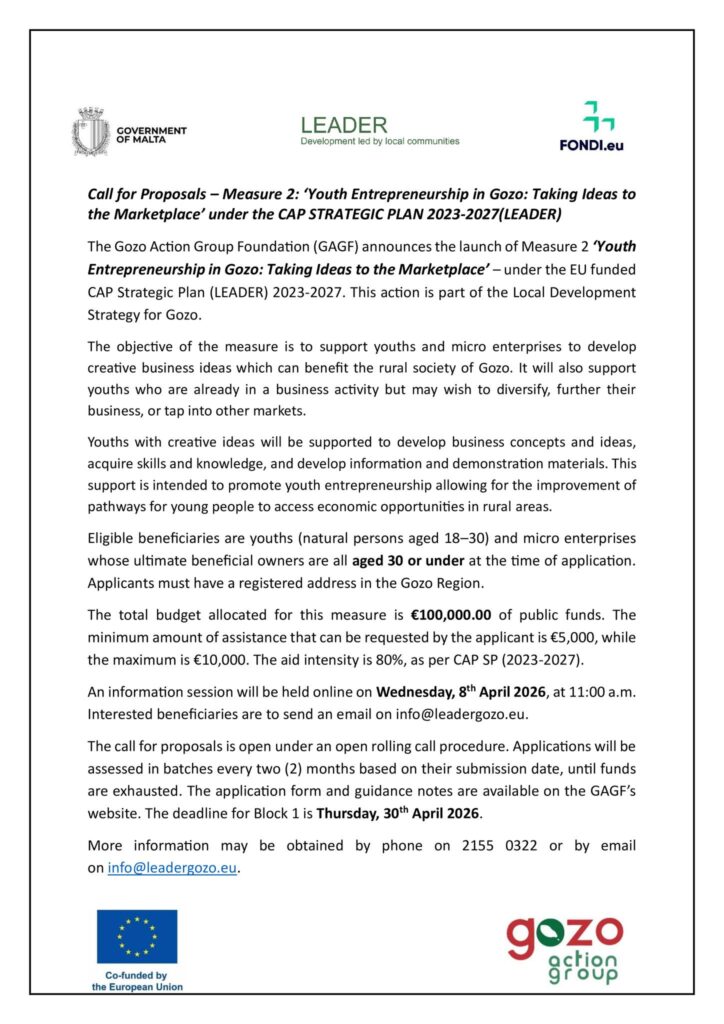 Call for Proposals - Measure 2 ‘Youth Entrepreneurship: Taking Ideas to the Marketplace' under the CAP STRATEGIC PLAN 2023-2027(LEADER)